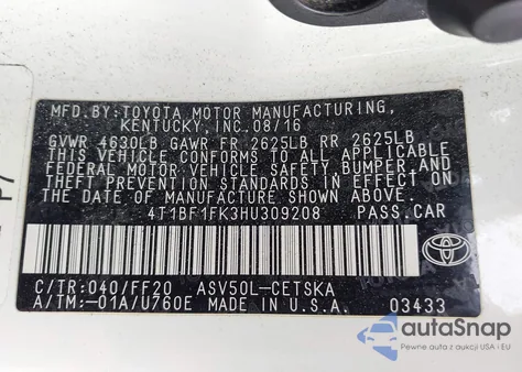 2017 Toyota Camry Le/Xle/Se/Xse из США, поврежденный, VIN 4T1BF1FK3HU309208